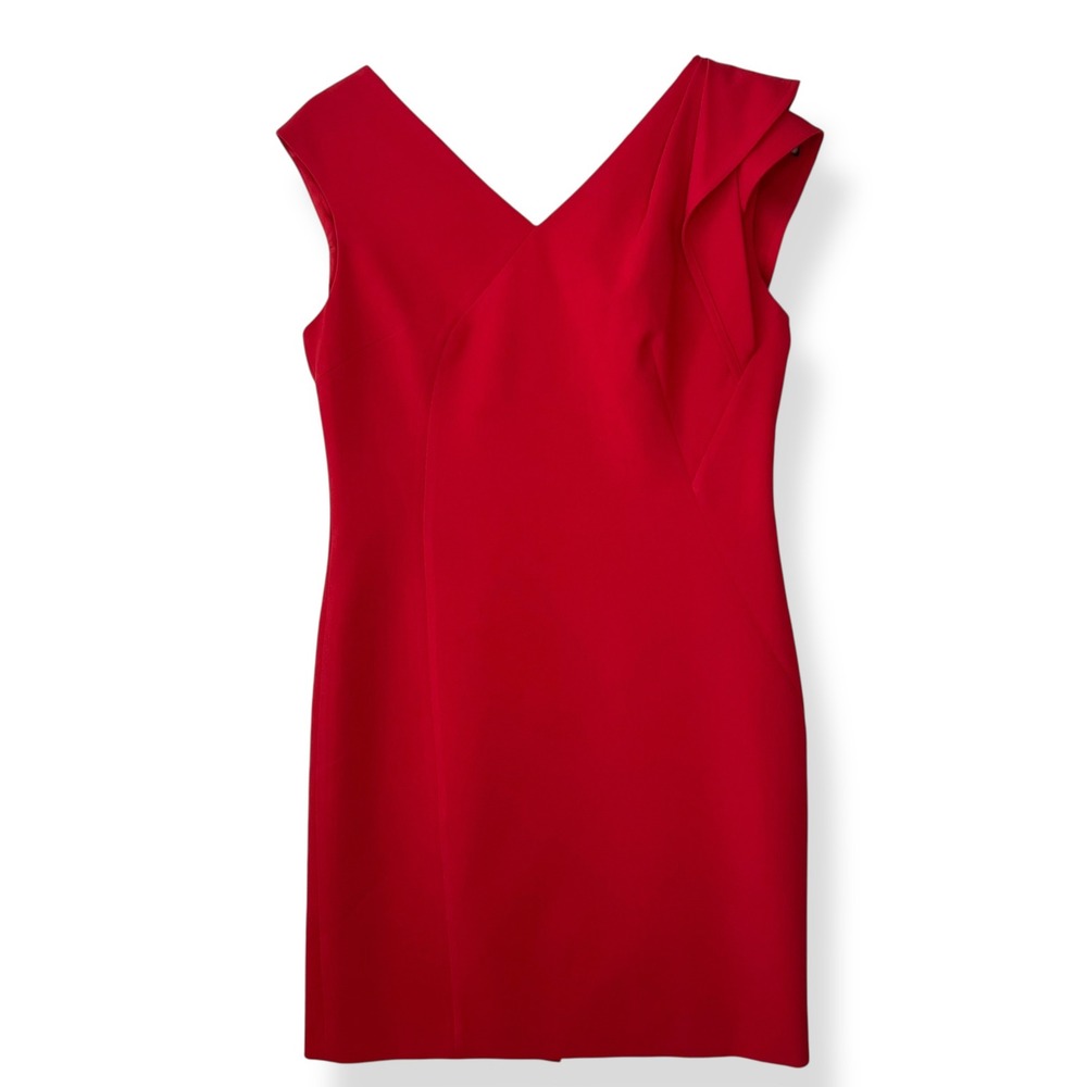 Rickie Freeman Teri Jon 10 Dress Red V Neck Ruffle Cap Sleeve Party Event Sheath